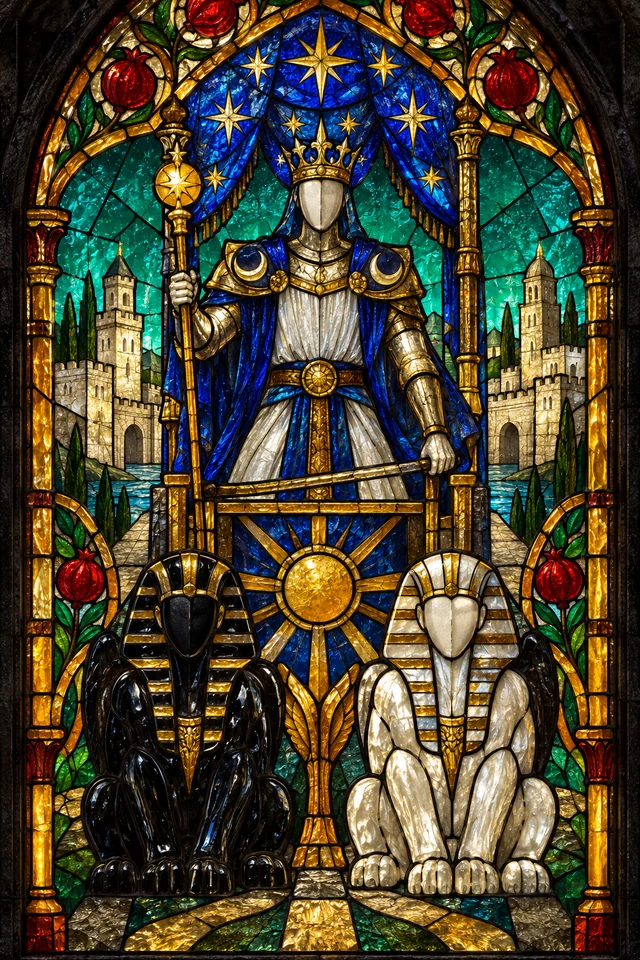 The Chariot in jewel-colored stained glass with thick black leadwork. · Upright