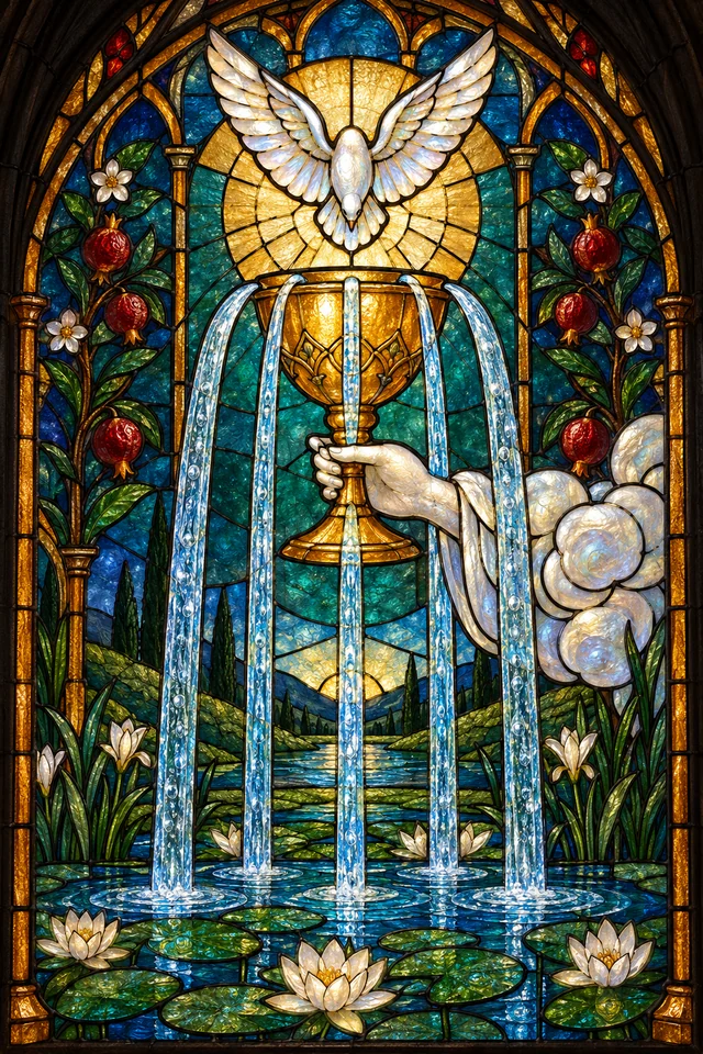 Ace of Cups in jewel-colored stained glass with thick black leadwork. · Upright
