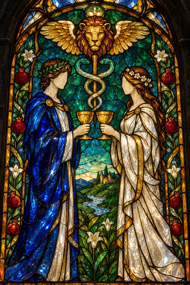 Two of Cups in jewel-colored stained glass with thick black leadwork. · Upright