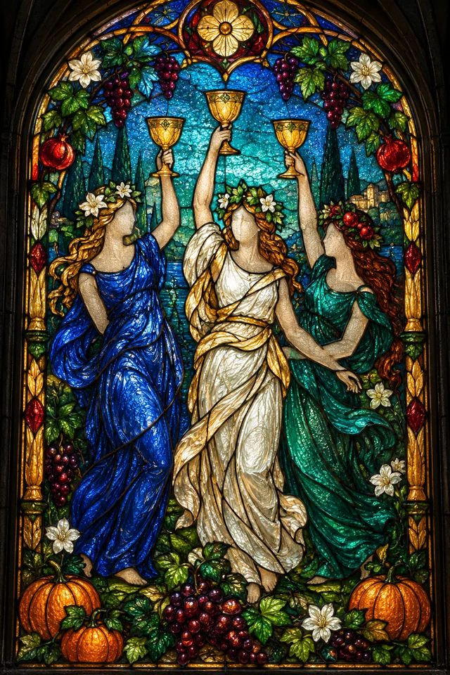 Three of Cups in jewel-colored stained glass with thick black leadwork. · Upright