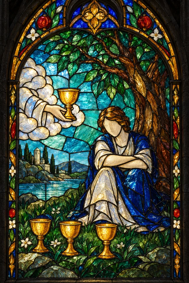 Four of Cups in jewel-colored stained glass with thick black leadwork. · Upright