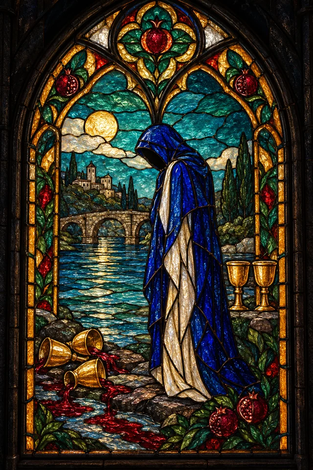Five of Cups in jewel-colored stained glass with thick black leadwork. · Upright