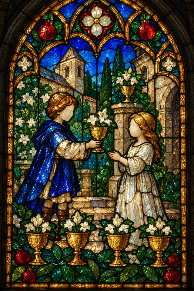 Six of Cups in jewel-colored stained glass with thick black leadwork. · Upright