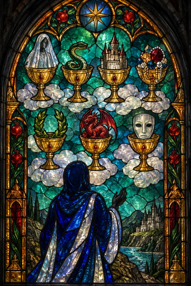 Seven of Cups in jewel-colored stained glass with thick black leadwork. · Upright