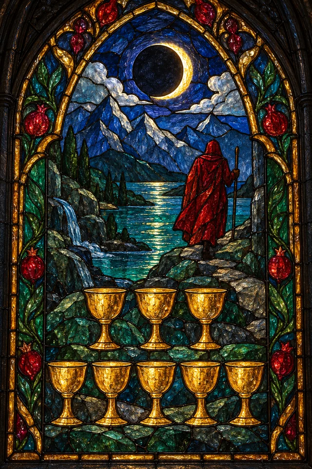 Eight of Cups in jewel-colored stained glass with thick black leadwork. · Upright