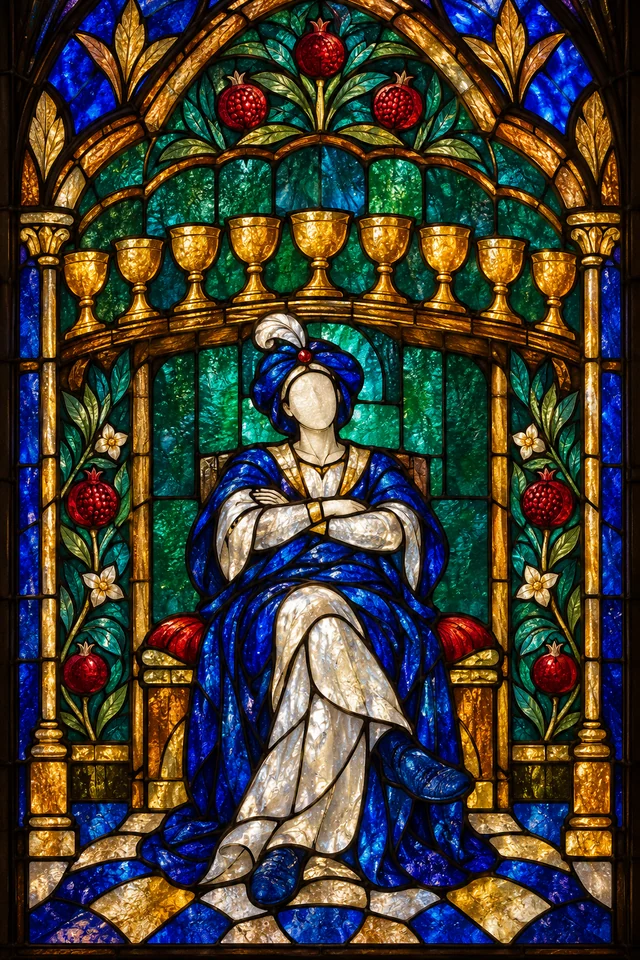 Nine of Cups in jewel-colored stained glass with thick black leadwork. · Upright