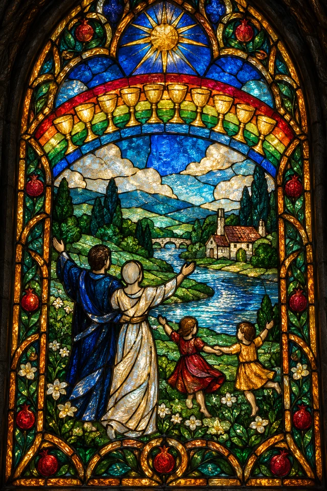 Ten of Cups in jewel-colored stained glass with thick black leadwork. · Upright