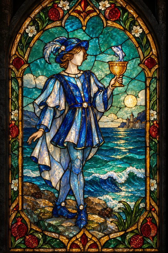 Page of Cups in jewel-colored stained glass with thick black leadwork. · Upright