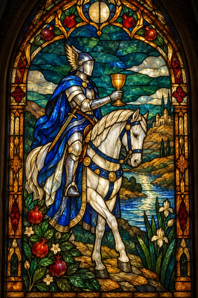 Knight of Cups in jewel-colored stained glass with thick black leadwork. · Upright