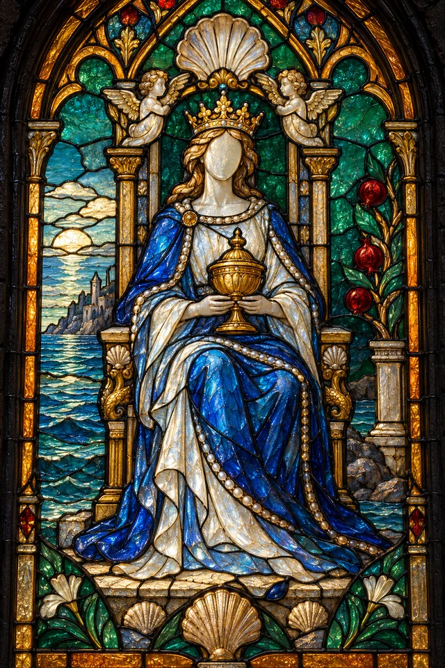 Queen of Cups in jewel-colored stained glass with thick black leadwork. · Upright