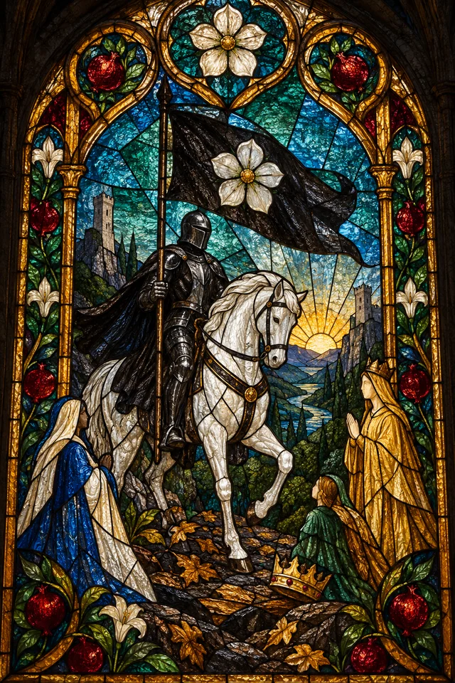 Death in jewel-colored stained glass with thick black leadwork. · Upright