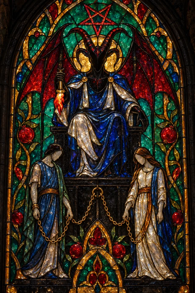 The Devil in jewel-colored stained glass with thick black leadwork. · Upright
