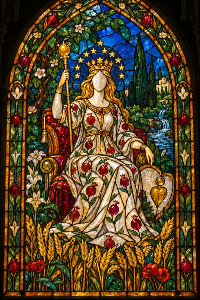 The Empress in jewel-colored stained glass with thick black leadwork. · Upright