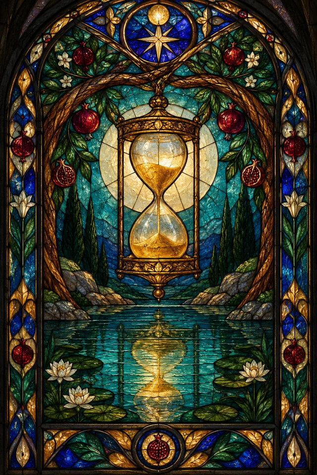 The Hanged One in jewel-colored stained glass with thick black leadwork. · Upright