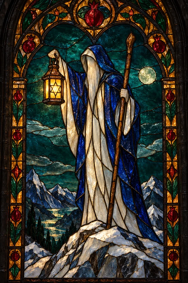 The Hermit in jewel-colored stained glass with thick black leadwork. · Upright
