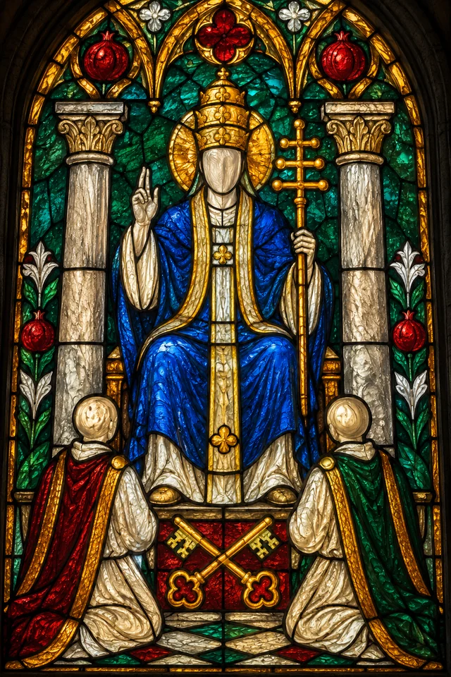 The Hierophant in jewel-colored stained glass with thick black leadwork. · Upright
