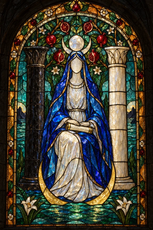 The High Priestess in jewel-colored stained glass with thick black leadwork. · Upright