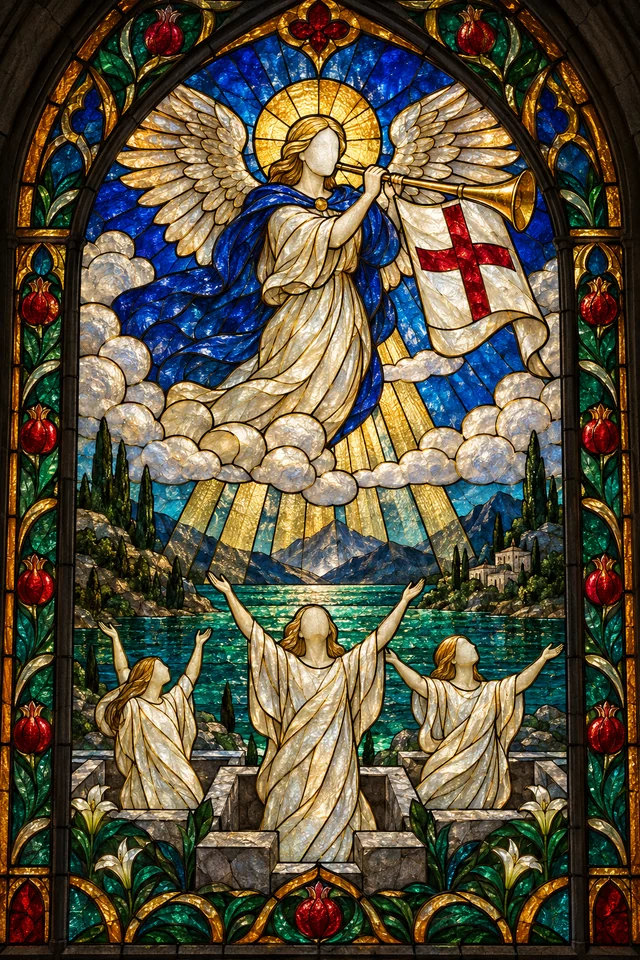 Judgement in jewel-colored stained glass with thick black leadwork. · Upright