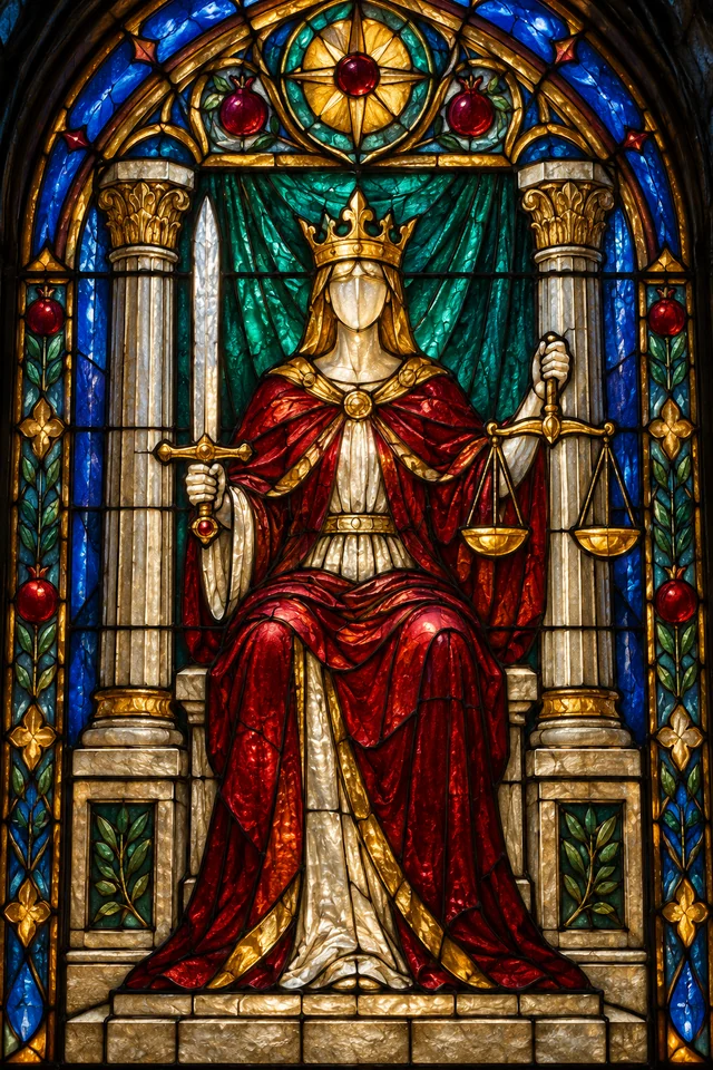 Justice in jewel-colored stained glass with thick black leadwork. · Upright