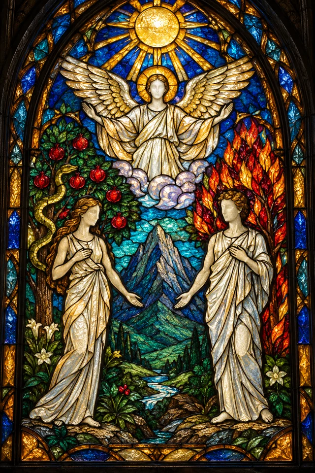 The Lovers in jewel-colored stained glass with thick black leadwork. · Upright