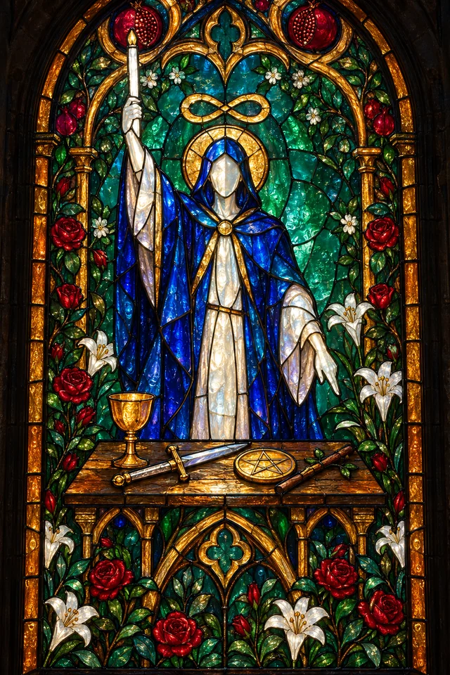 The Magician in jewel-colored stained glass with thick black leadwork. · Upright