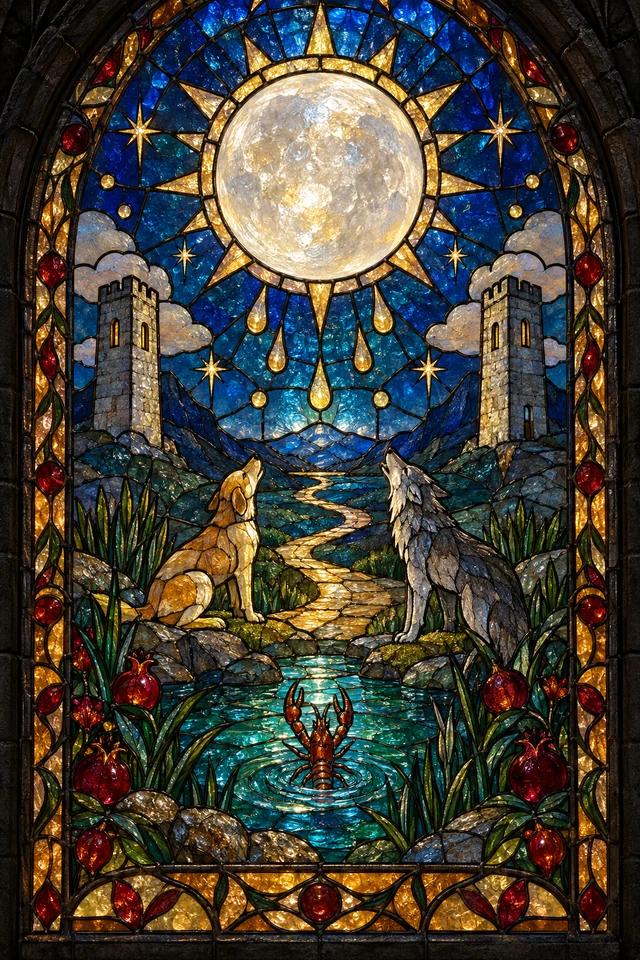 The Moon in jewel-colored stained glass with thick black leadwork. · Upright