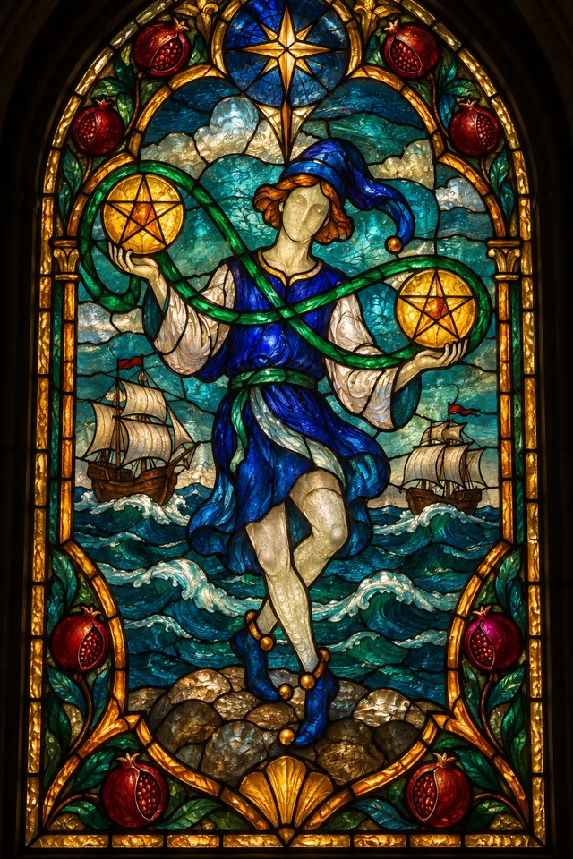 Two of Pentacles in jewel-colored stained glass with thick black leadwork. · Upright