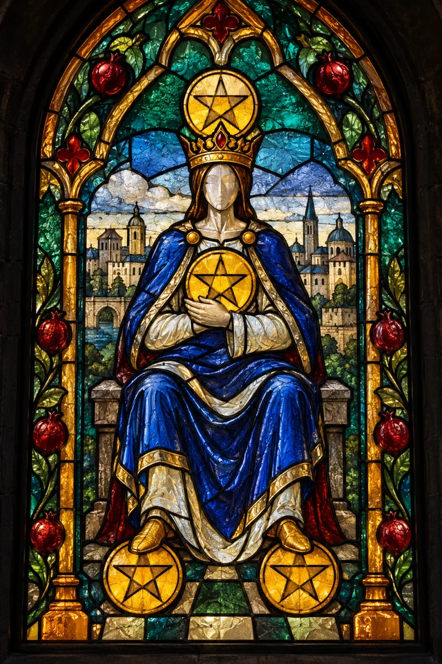 Four of Pentacles in jewel-colored stained glass with thick black leadwork. · Upright