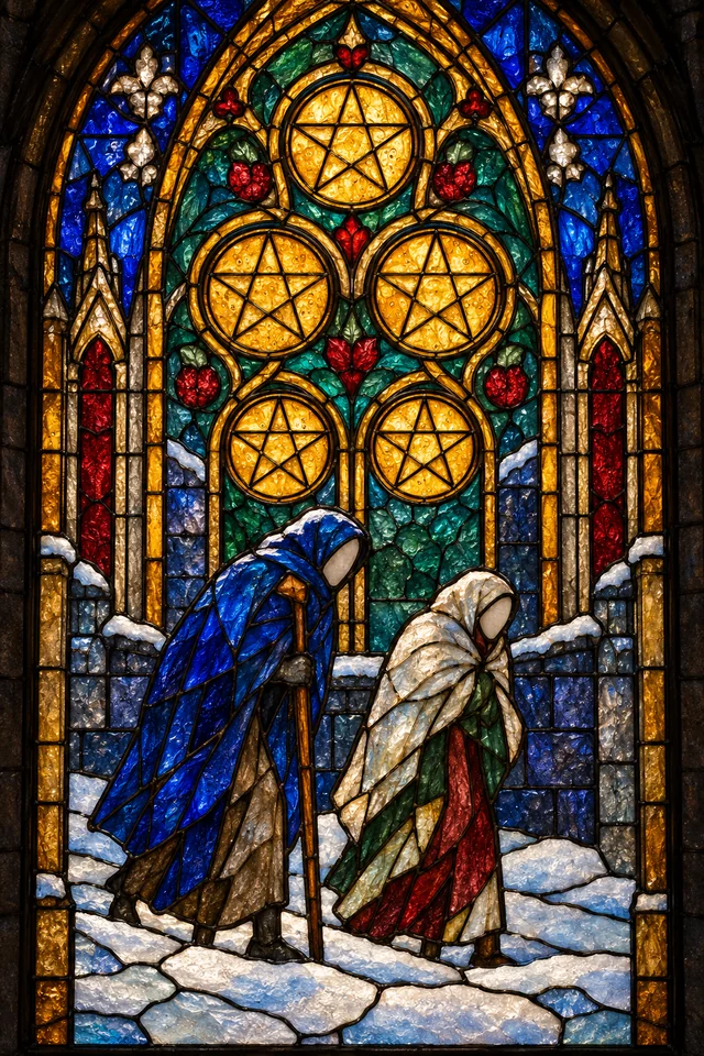 Five of Pentacles in jewel-colored stained glass with thick black leadwork. · Upright