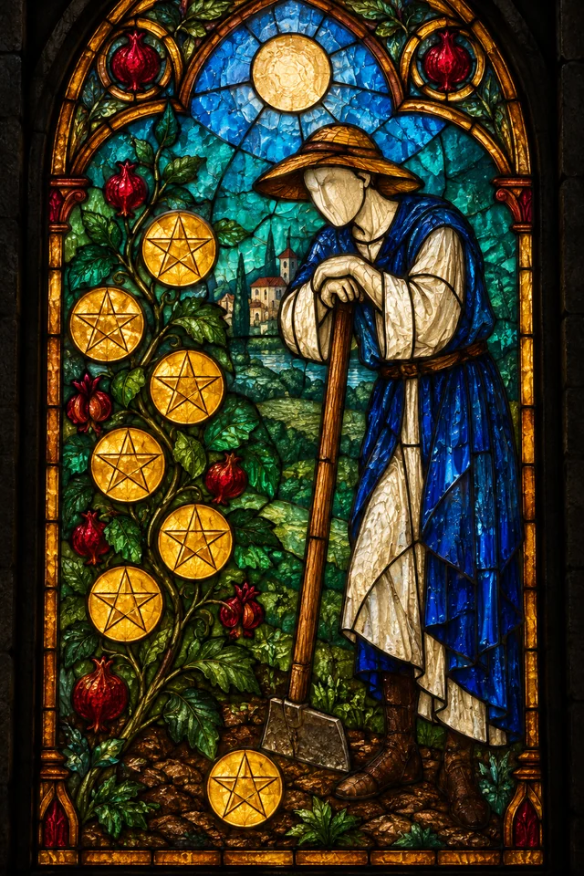 Seven of Pentacles in jewel-colored stained glass with thick black leadwork. · Upright