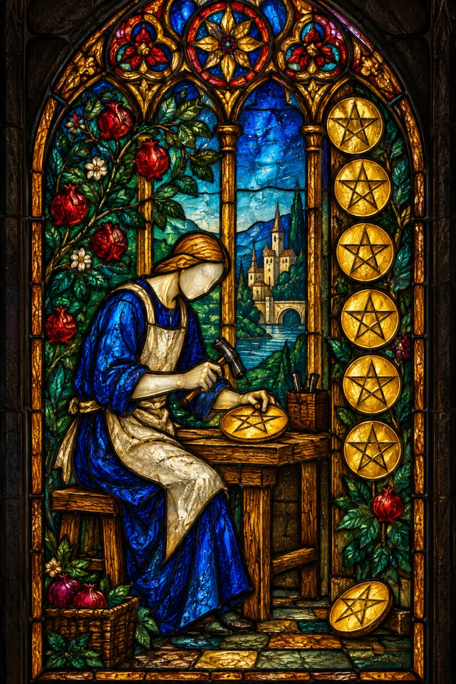 Eight of Pentacles in jewel-colored stained glass with thick black leadwork. · Upright