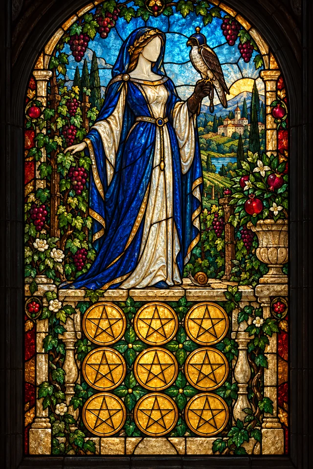 Nine of Pentacles in jewel-colored stained glass with thick black leadwork. · Upright