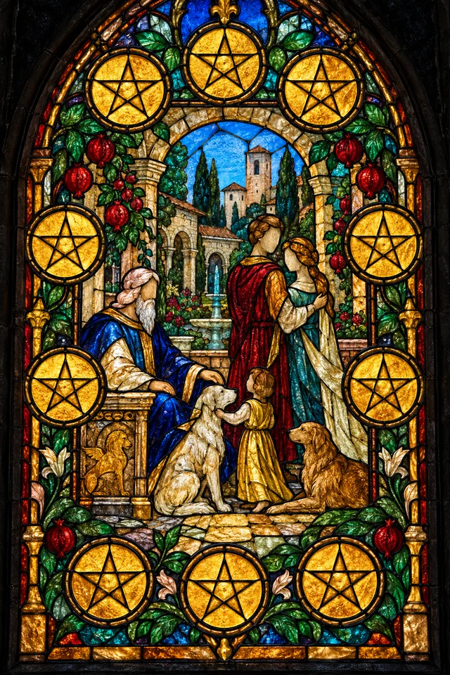 Ten of Pentacles in jewel-colored stained glass with thick black leadwork. · Upright