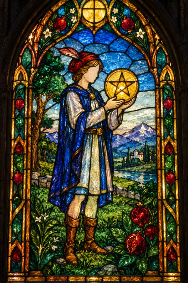 Page of Pentacles in jewel-colored stained glass with thick black leadwork. · Upright