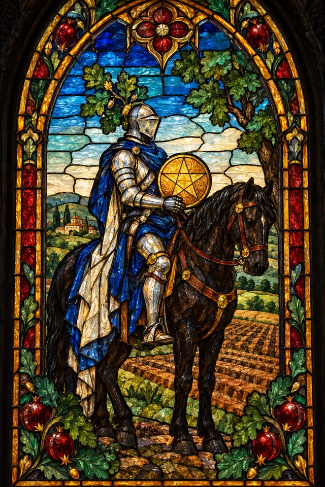 Knight of Pentacles in jewel-colored stained glass with thick black leadwork. · Upright