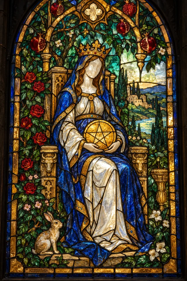 Queen of Pentacles in jewel-colored stained glass with thick black leadwork. · Upright