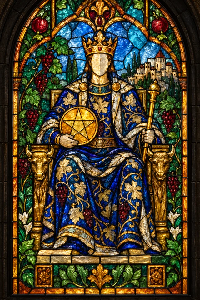 King of Pentacles in jewel-colored stained glass with thick black leadwork. · Upright