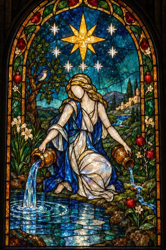 The Star in jewel-colored stained glass with thick black leadwork. · Upright
