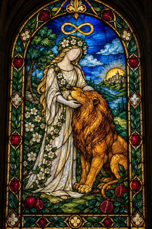 Strength in jewel-colored stained glass with thick black leadwork. · Upright