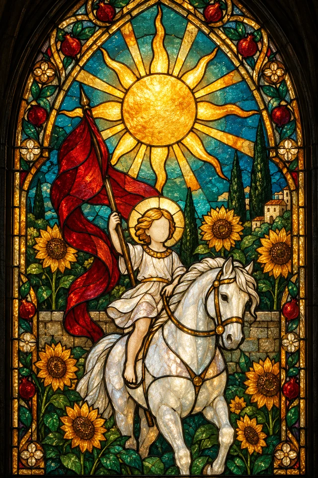 The Sun in jewel-colored stained glass with thick black leadwork. · Upright