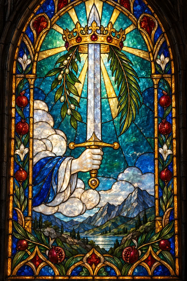 Ace of Swords in jewel-colored stained glass with thick black leadwork. · Upright