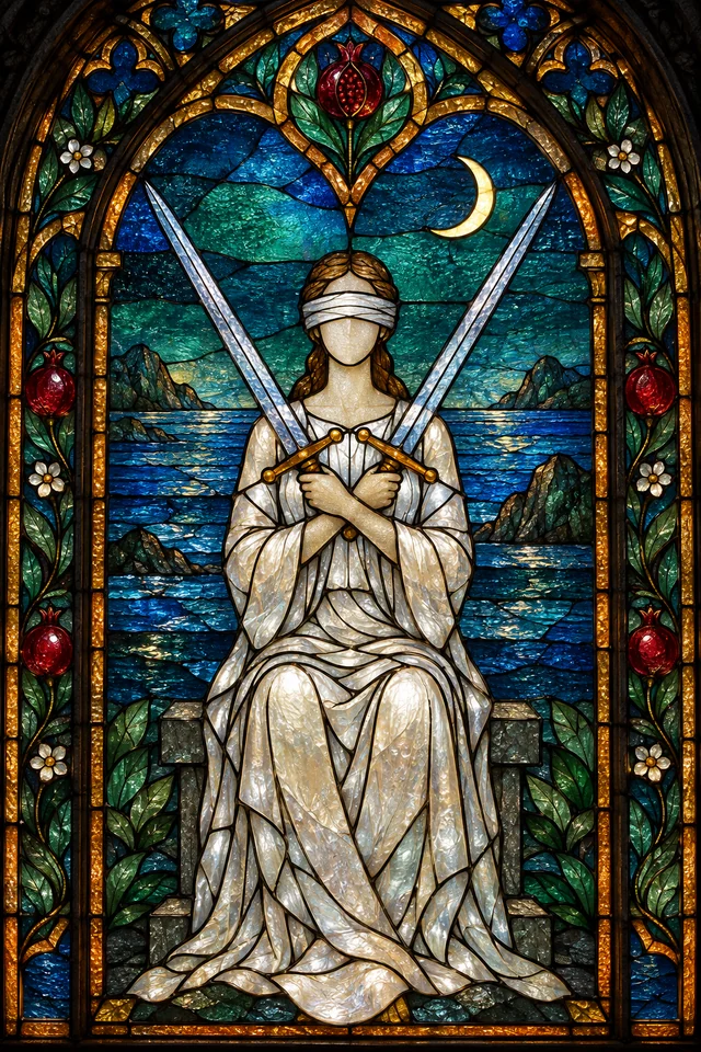 Two of Swords in jewel-colored stained glass with thick black leadwork. · Upright