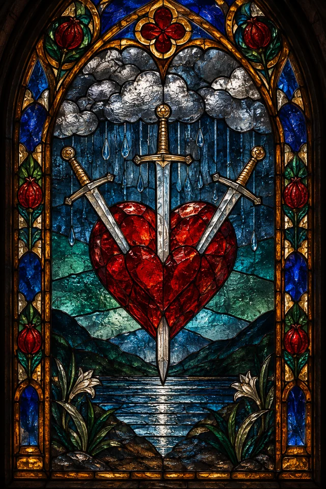 Three of Swords in jewel-colored stained glass with thick black leadwork. · Upright