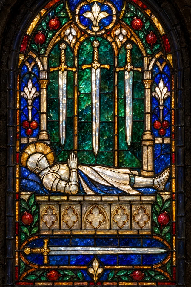 Four of Swords in jewel-colored stained glass with thick black leadwork. · Upright