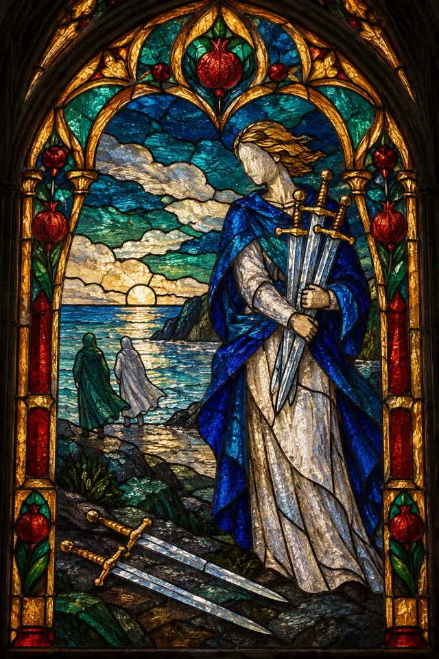 Five of Swords in jewel-colored stained glass with thick black leadwork. · Upright