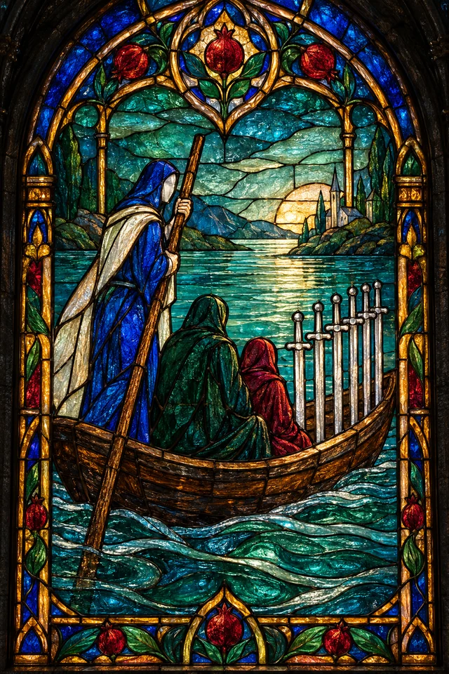 Six of Swords in jewel-colored stained glass with thick black leadwork. · Upright