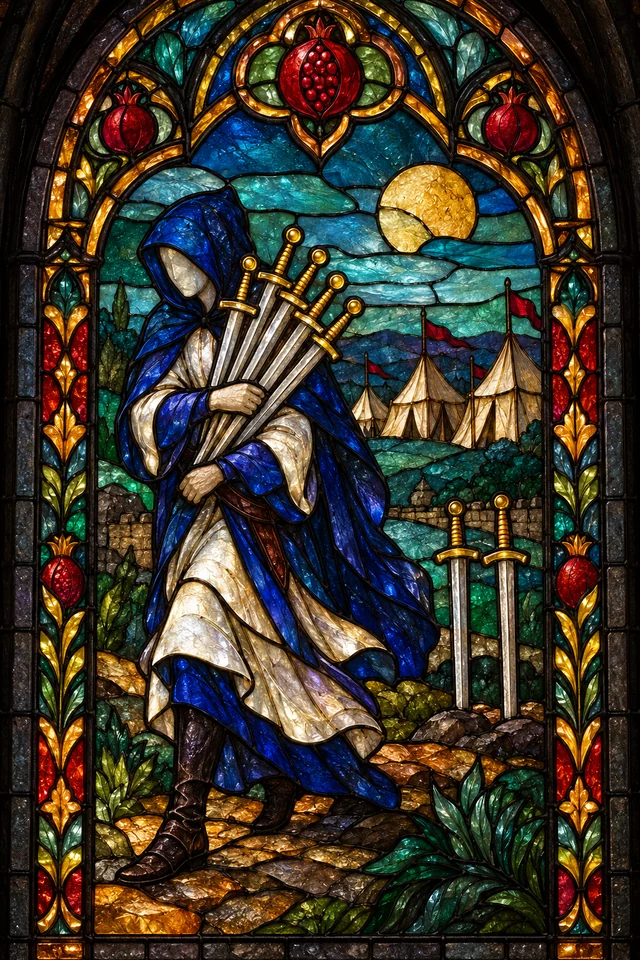 Seven of Swords in jewel-colored stained glass with thick black leadwork. · Upright