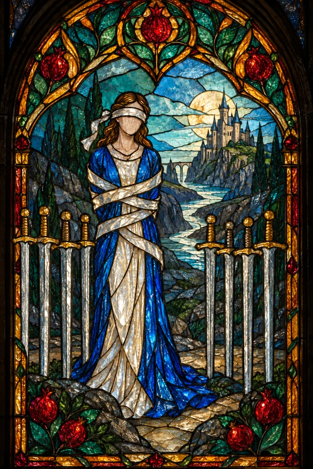 Eight of Swords in jewel-colored stained glass with thick black leadwork. · Upright