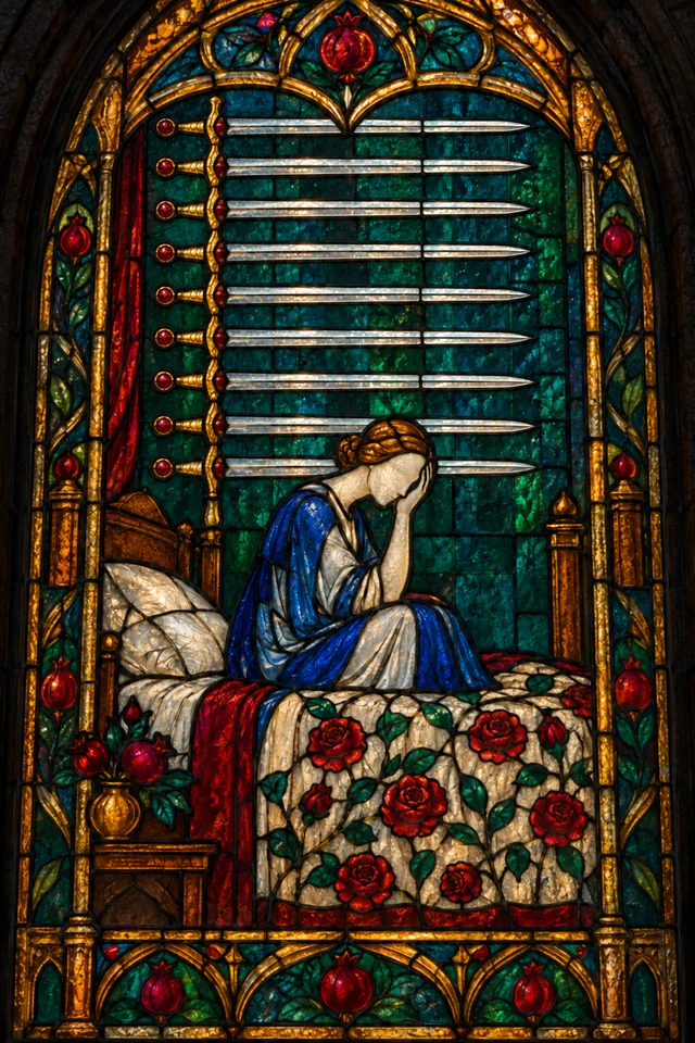 Nine of Swords in jewel-colored stained glass with thick black leadwork. · Upright