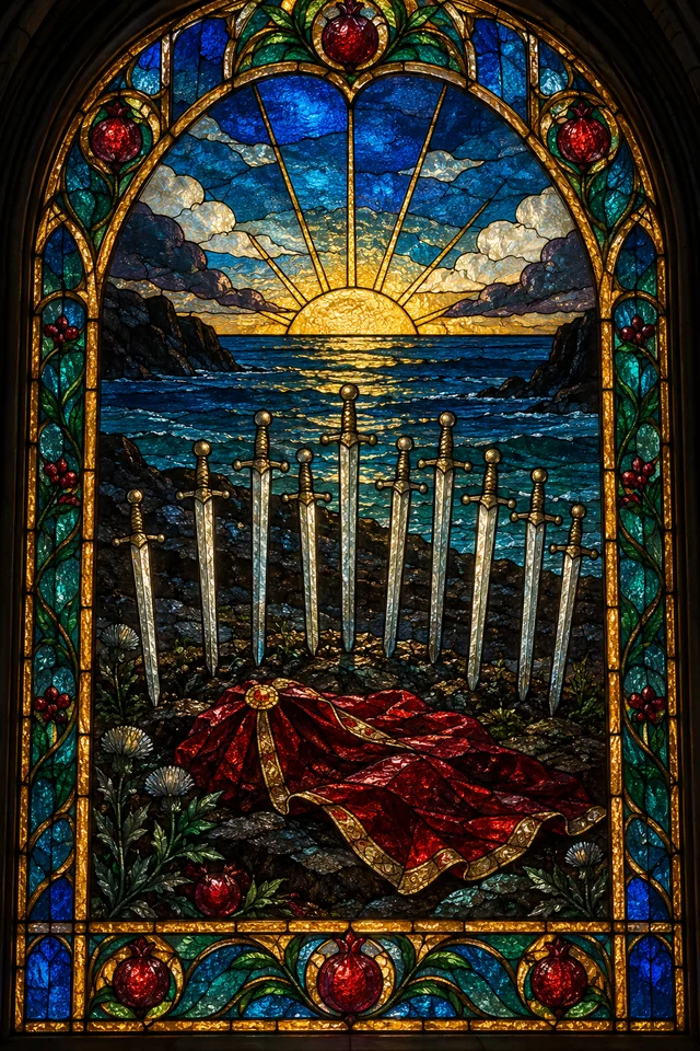 Ten of Swords in jewel-colored stained glass with thick black leadwork. · Upright